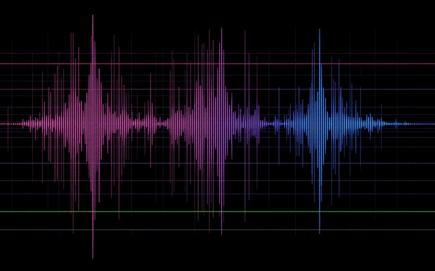 A glitched magenta-and-cyan channel-split schematic of a short seven-bead peptide fragment overlaid against a longer coiled full-length protein chain, on a blue-black scan-line scope field